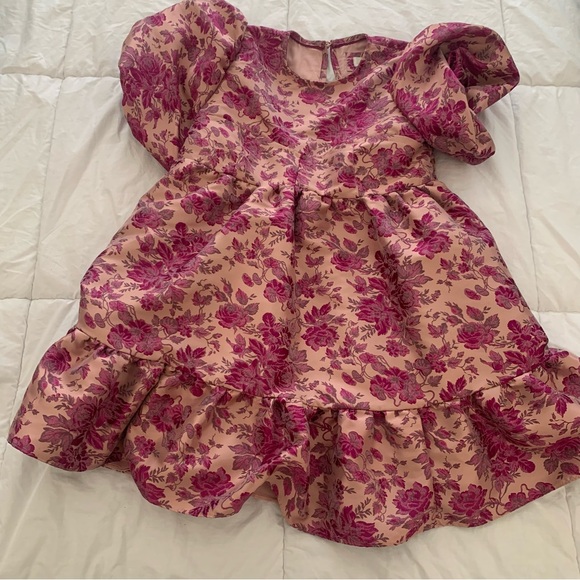 Anthropology Floral Pink Mini Babydoll Dress with Puff Sleeves Size L - Picture 15 of 16